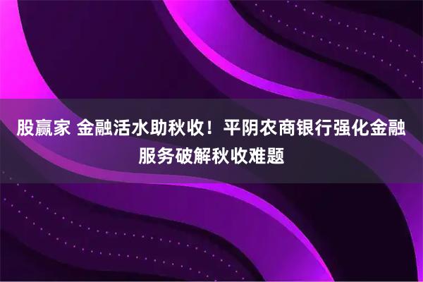 股赢家 金融活水助秋收！平阴农商银行强化金融服务破解秋收难题